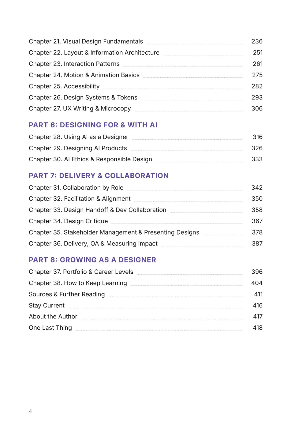 Table of contents, page 2: Parts 5 to 8 and appendix